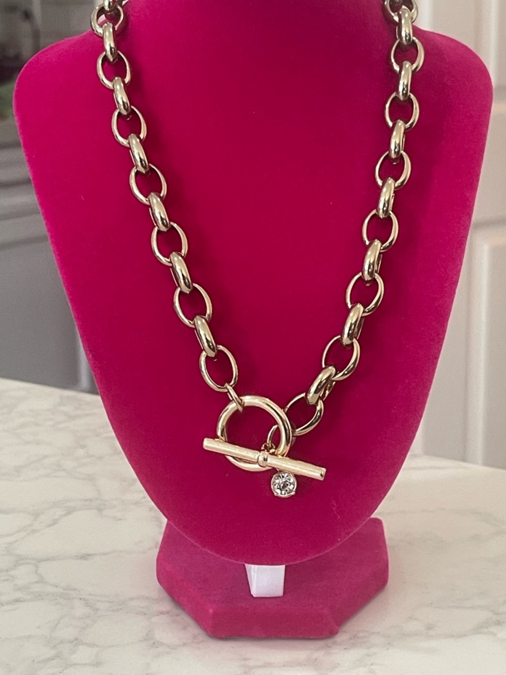 Vintage Monet Chunky Gold Tone Link Chain Necklace Toggle Clasp Rhinestone Charm